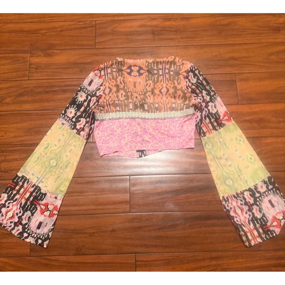 Free People Mixed Print Crop Top Pink Orange Boho Bell Sleeve XS Hook Eye Blouse